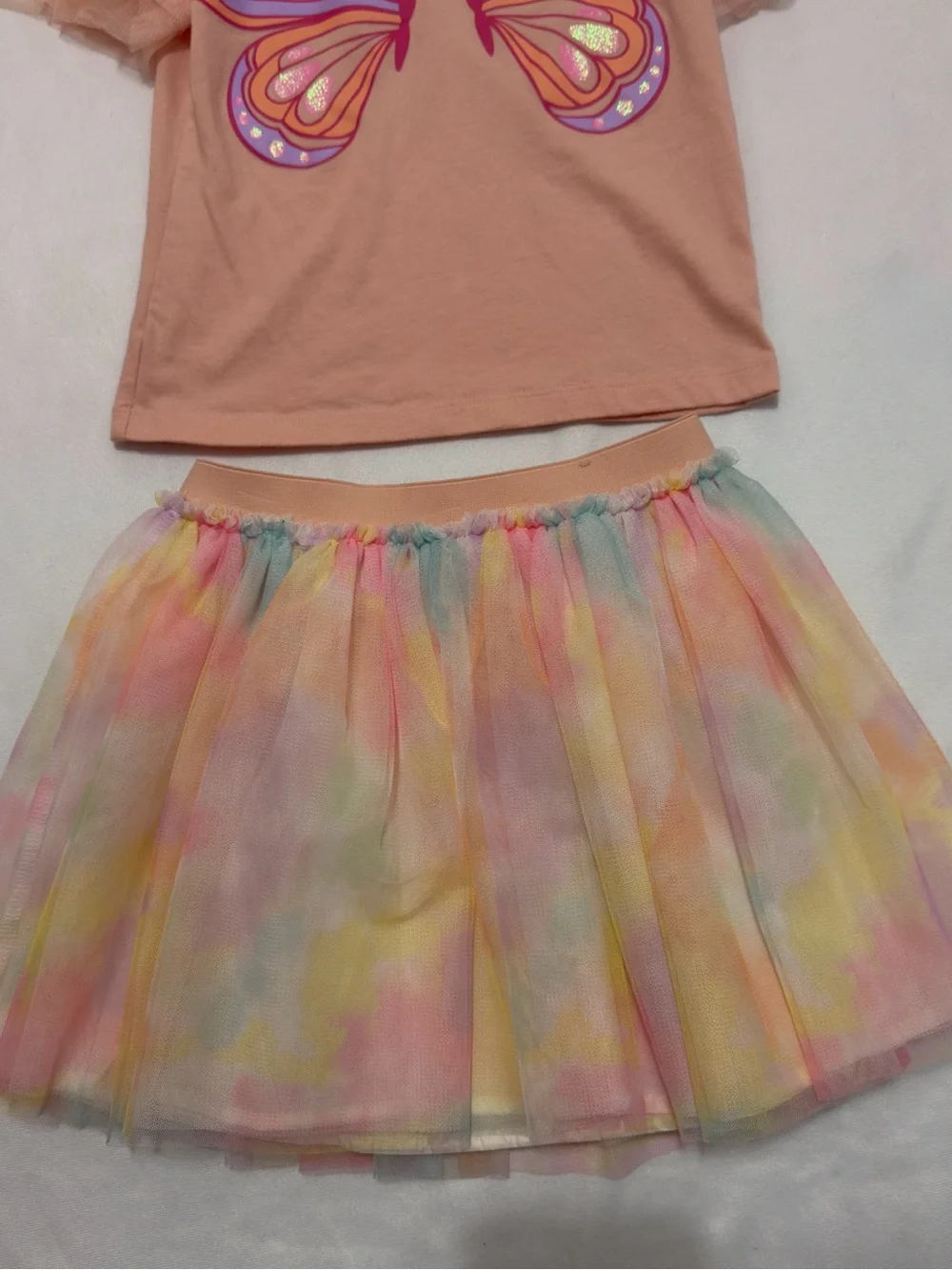 Peach Butterfly Tee and Pastel Tulle Skirt Set